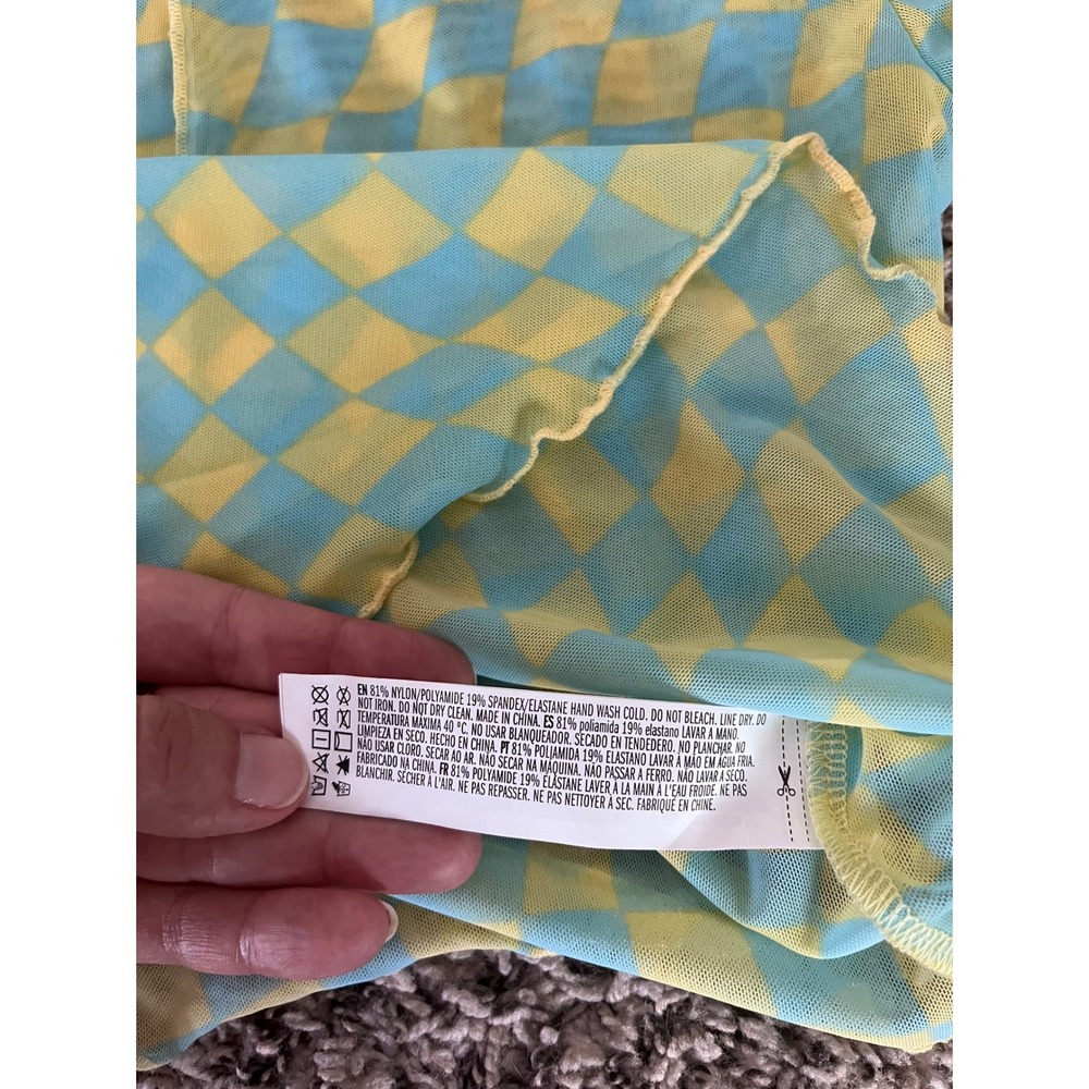 Forever 21 Women Yellow Blue Warped Checkerboard Mesh Long Sleeve Top Small - Picture 6 of 6